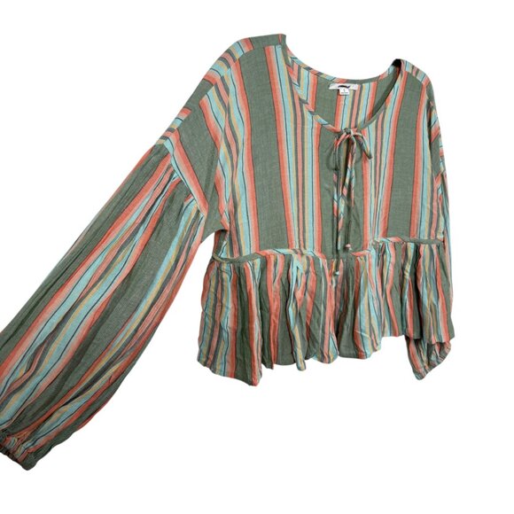 O'Neill Babydoll Top Blouse Small Green Orange Stripe Peplum - Picture 6 of 8